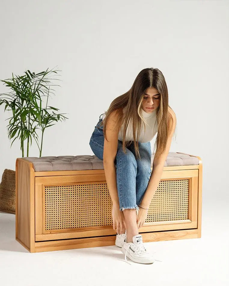 Light Rattan Secret Shoe Storage Bench Wasilaah UAE