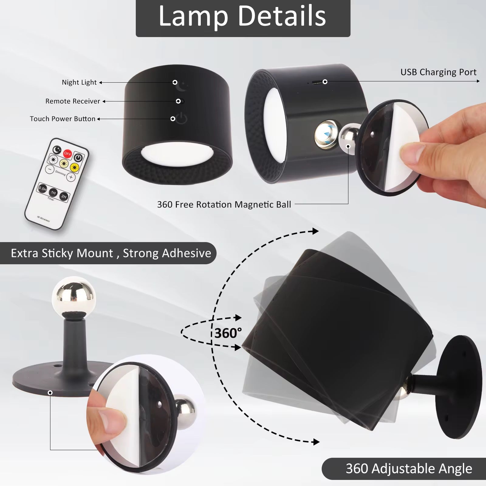 Detailed view of a black wall-mounted lamp with features 
