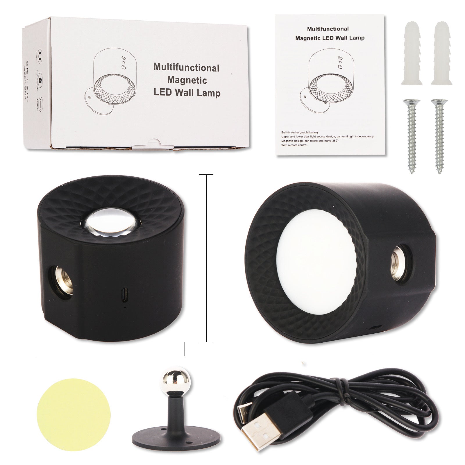 Multifunctional magnetic LED wall lamp with packaging, screws, and USB cable